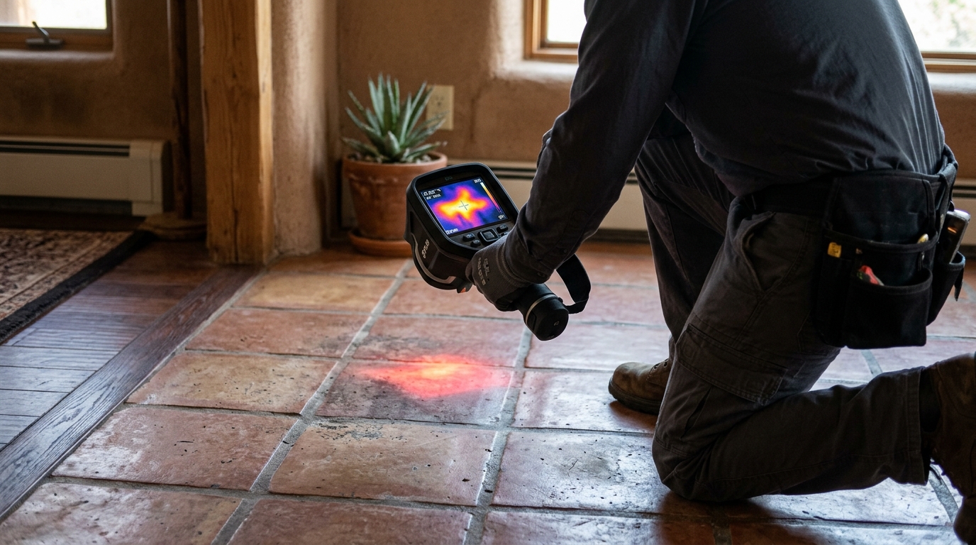 Thermal imaging view showing hot water leak under slab in Rialto home