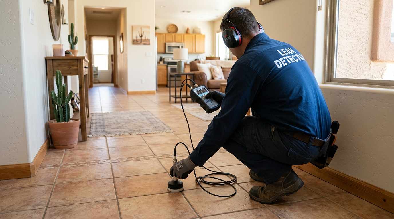 Underground pipe listening instrument testing concrete foundation floor in Rialto home